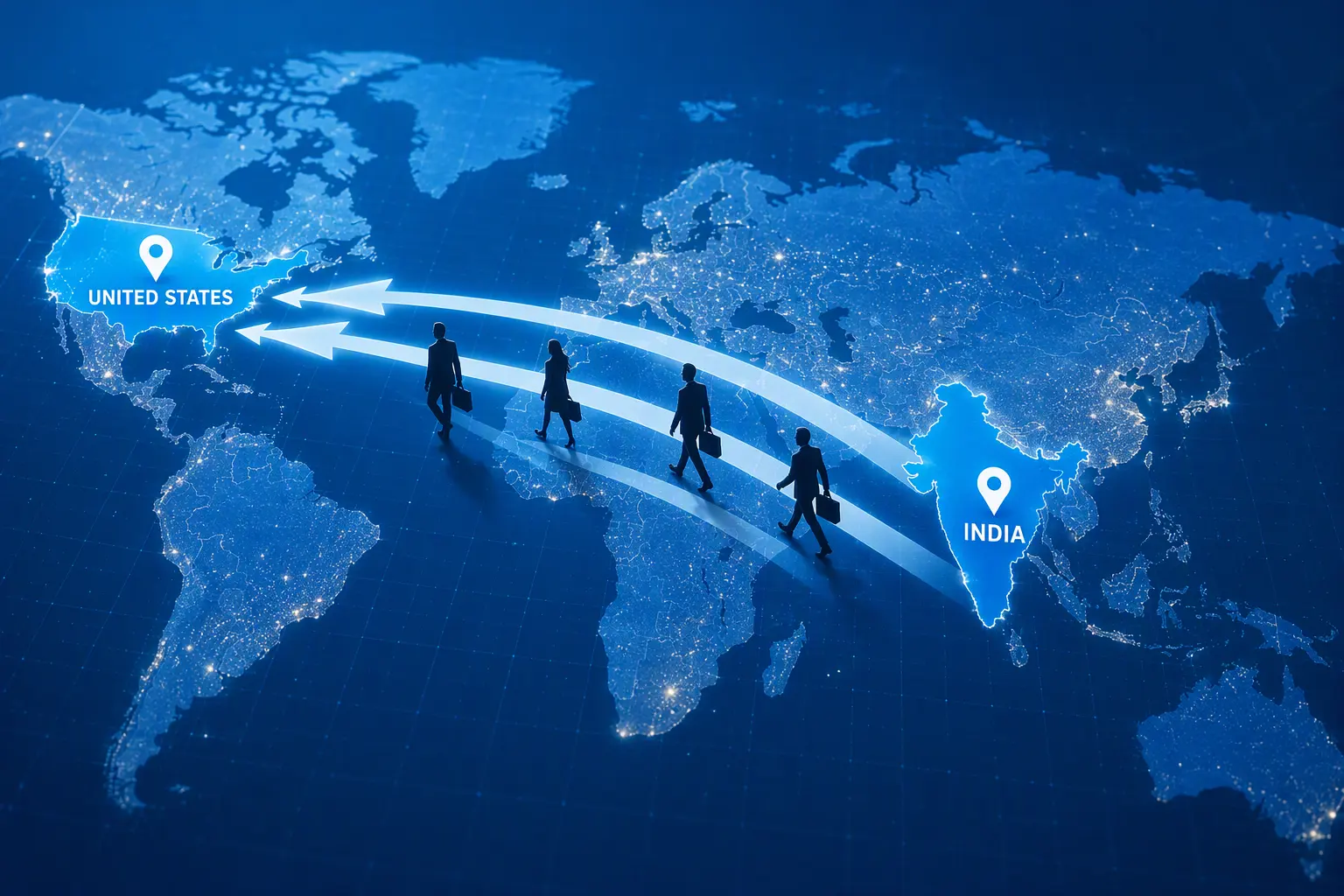 India to USA business immigration and global mobility concept with international travel routes on a world map.
